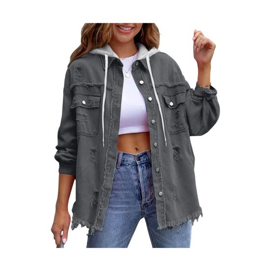 

Жіноча джинсова куртка з капюшоном Оверсайз Потерта Рвана Джинсова Пальто На Кнопках Довгий Рукав Осінь Весна Верхній Одяг S темно-сірий