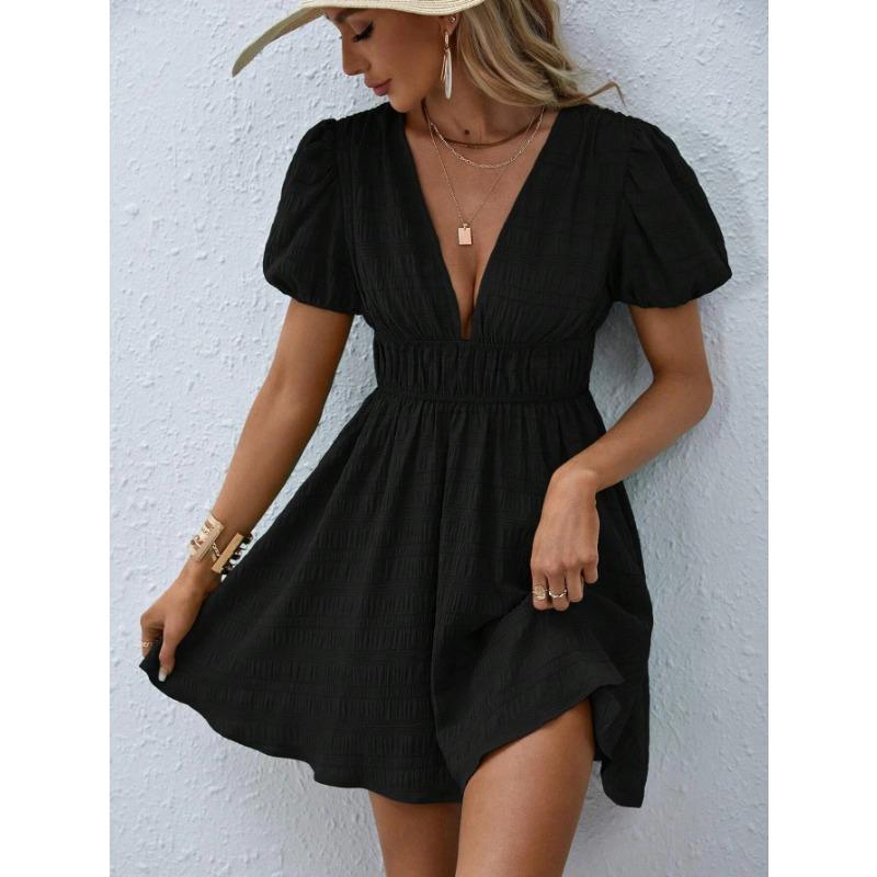 

Летнее женское платье, модное плиссированное однотонное платье трапециевидной формы с коротким рукавом и высокой талией S чёрный