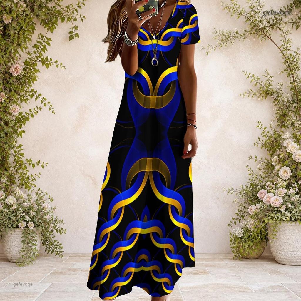 Women Plus Size V Neck Short Sleeve Black White Printed Straight Maxi Dress