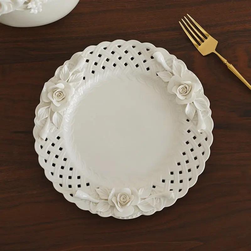 Prato de Jantar Ocidental de Cerâmica de 10" Estilo Fino da Corte Europeia Prato Floral de Rosa Amassado à Mão Prato de Coleção de Arte Pratos de Alta Qualidade