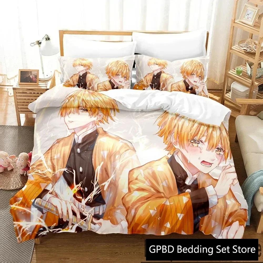 Anime Zenitsu Agatsuma Demon Slayer Bedding Set Single Twin Double Queen King Cal King Size Bed Linen Set
