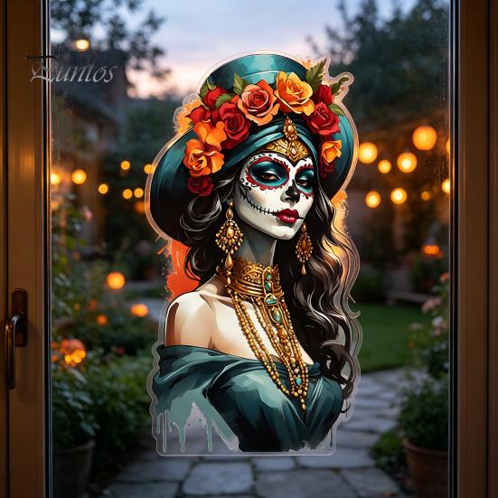 DIY Holiday Party Scene Layout Mexican Katrina Skeleton Girl Wall Sticker, Day of The Dead Artistic Portrait Decals Decal, Waterproof PVC Cling
