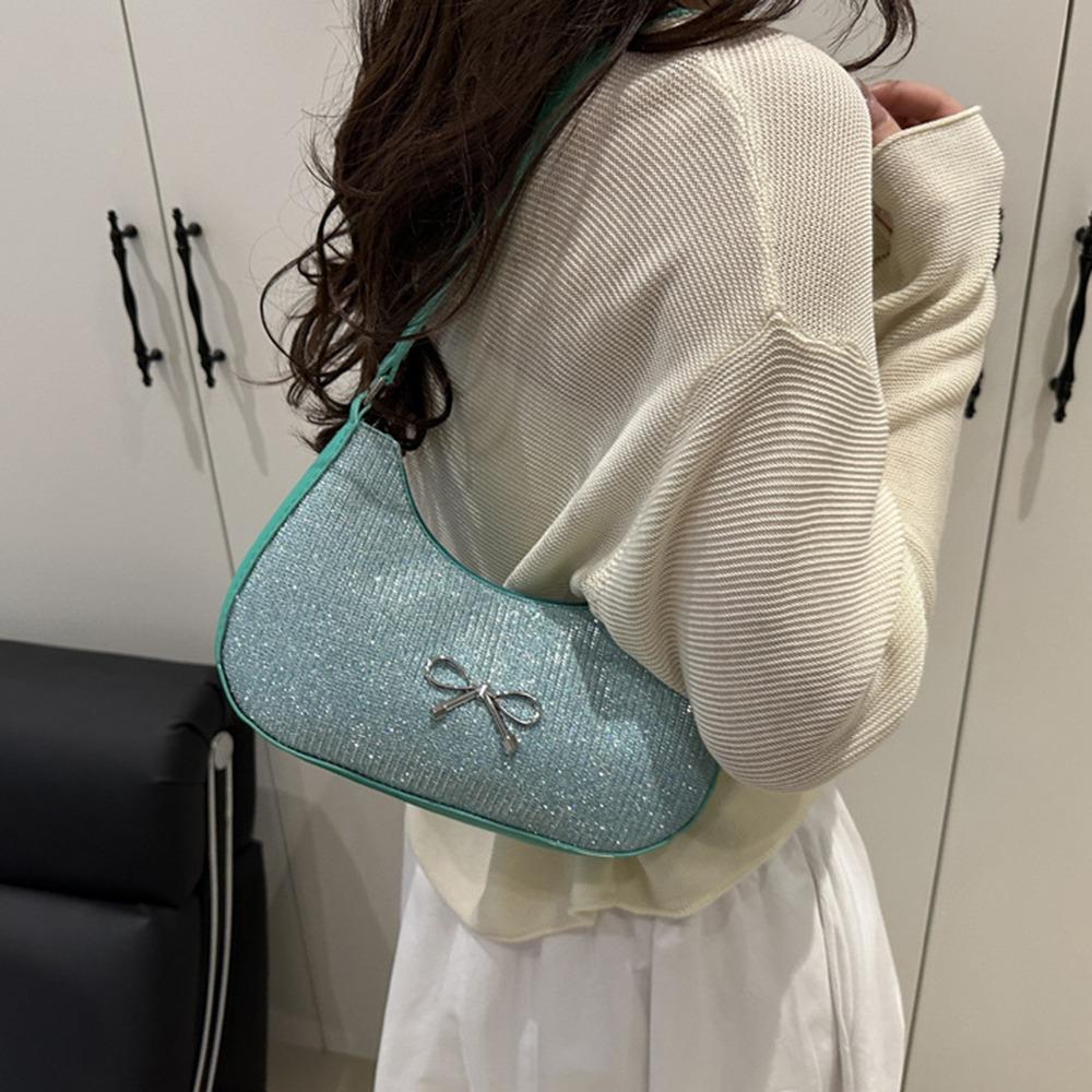 Shiny Underarm Tote Bag Solid Color Women Handbag Fashion Bowknot Shoulder Bag  Girls