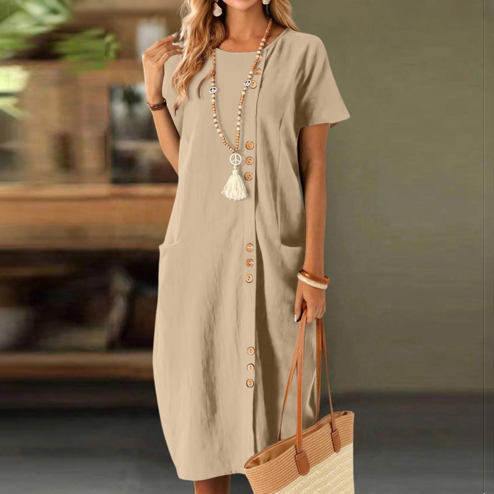 Dress For Women Casual Button Down Short Sleeve Loose Dresses With Pockets L