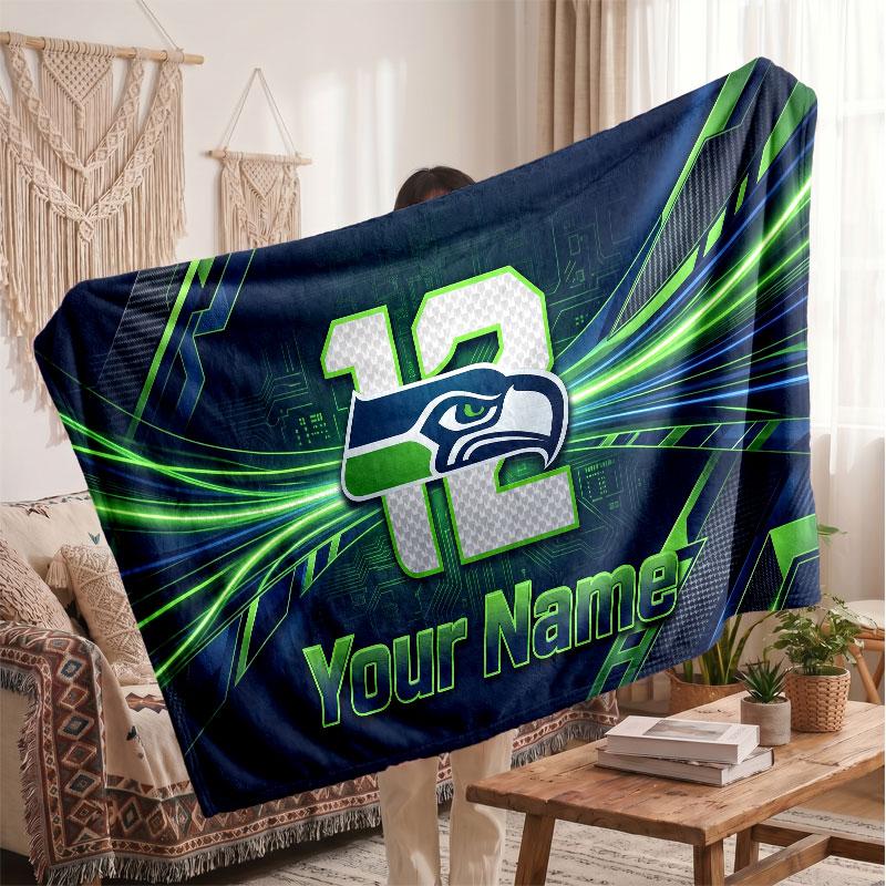 Seattle Seahawks Flannel Blanket, Custom Name Text Personalized Soft Throw Blanket Home Decor Gift