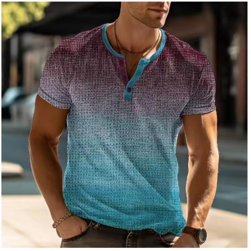 European and American semi-cardigan, casual short-sleeved digital printing slim-fit pullover Henry T-shirt top men's clothing