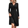Women's Color V-Neck Long Sleeve Midi Dress with Crossed Waist Gathers