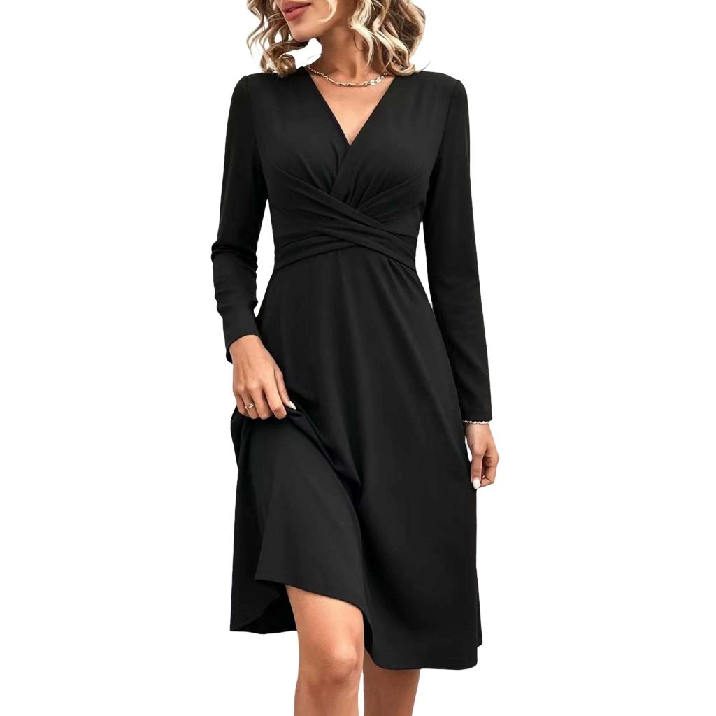 Women's Color V-Neck Long Sleeve Midi Dress with Crossed Waist Gathers