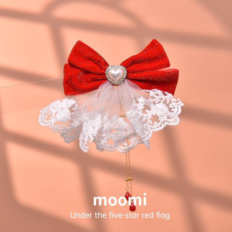New Year Red Velvet Bow Hair Clips for Girls - Heart Design