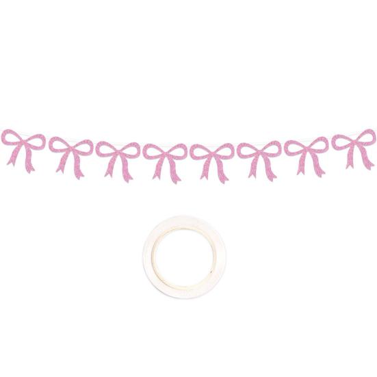 

Декор для вечірки на тему бантиків Набір: Рожевий бахромчастий банер Топпери для торта Золоті блискучі спіральні підвіски Декор для дня народження дівчинки C