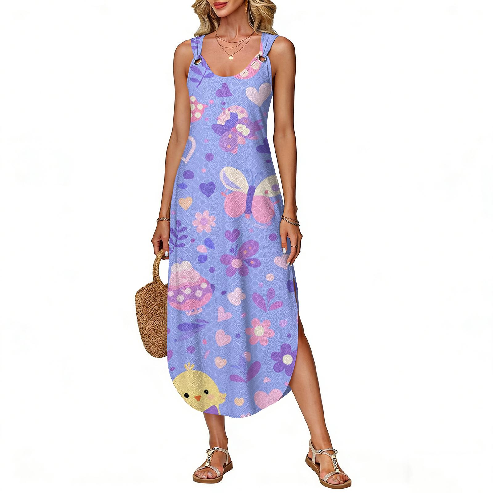 

Women s Summer Long Dress, Sleeveless With Side Slit, Long Easter Printed Vest Dress S фиолетовый