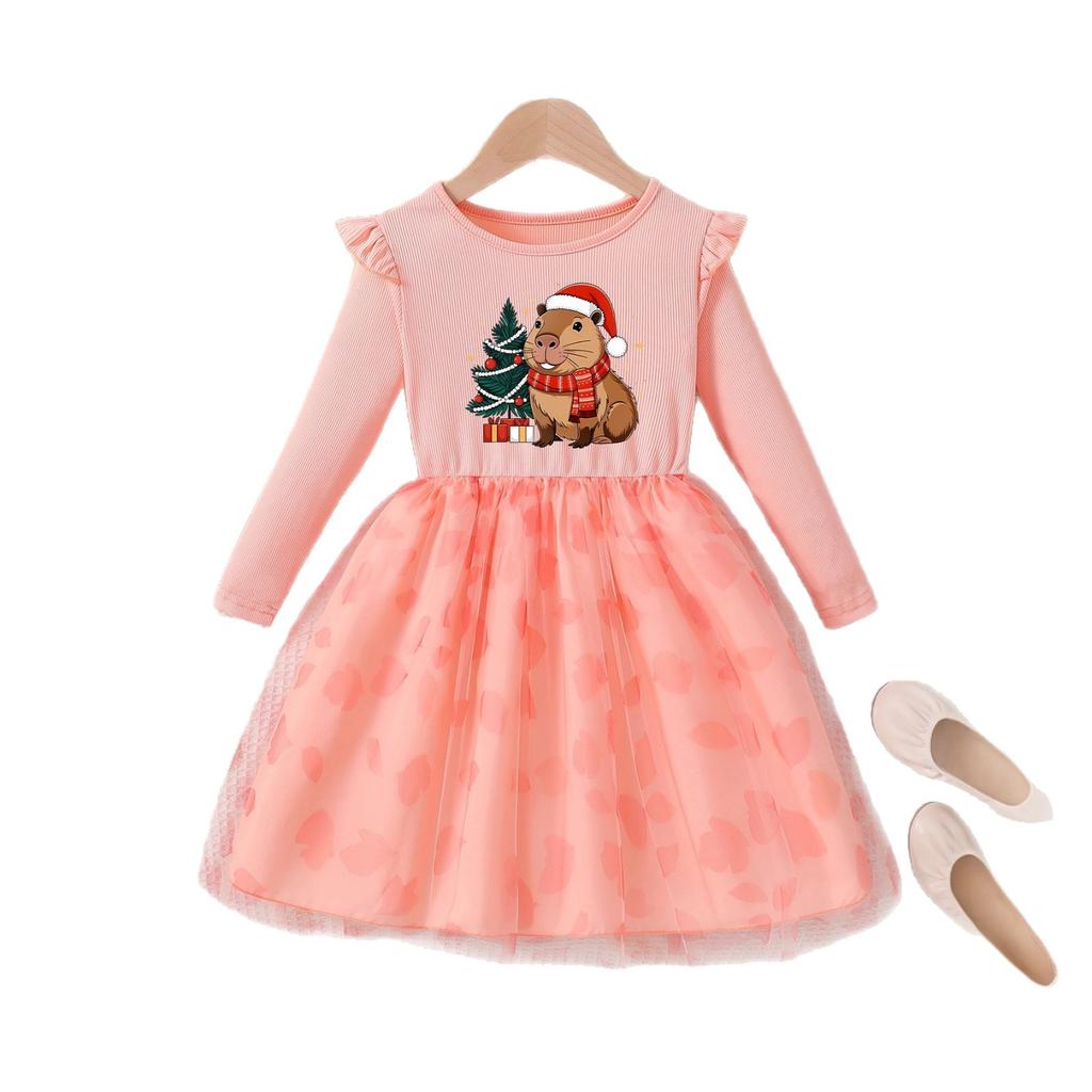 Girls' Capybara Long-Sleeve Dress Autumn Children's Fashion Cartoon Tulle Princess Dress