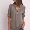 Camicia a maniche lunghe in chiffon con scollo a V e cerniera, taglie forti, da donna, con maniche regolabili