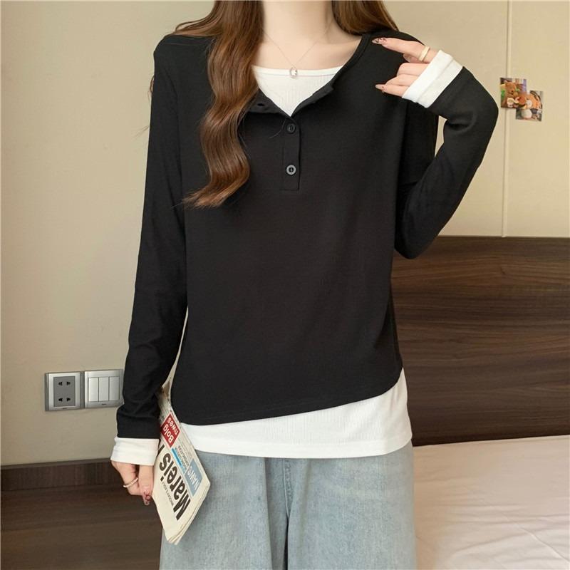Real shot cotton loose long-sleeved T-shirt women's season versatile fake two-piece design niche top