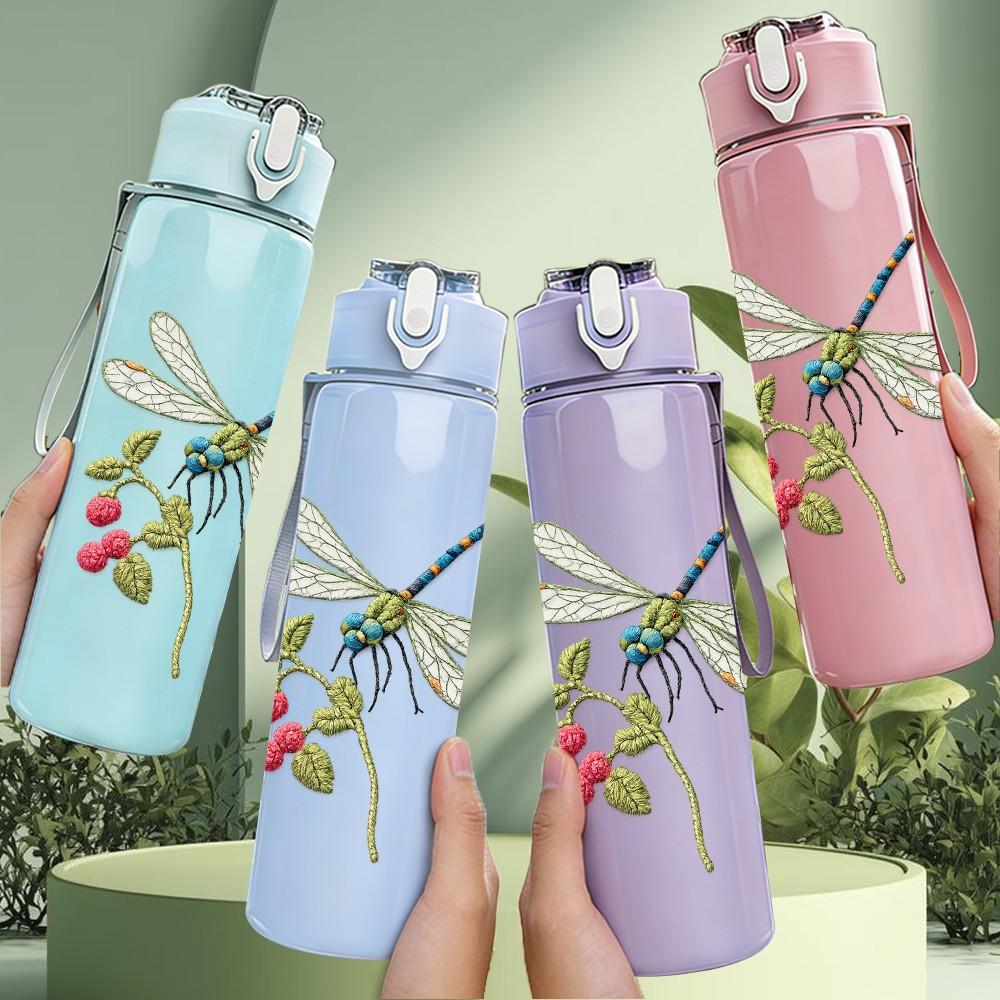 1PC Dragonfly Flower Line Art Print 750ml Color Plastic Sports Water Bottle Leakproof Flip Straw Lid Suitable for Sports Office Home Use
