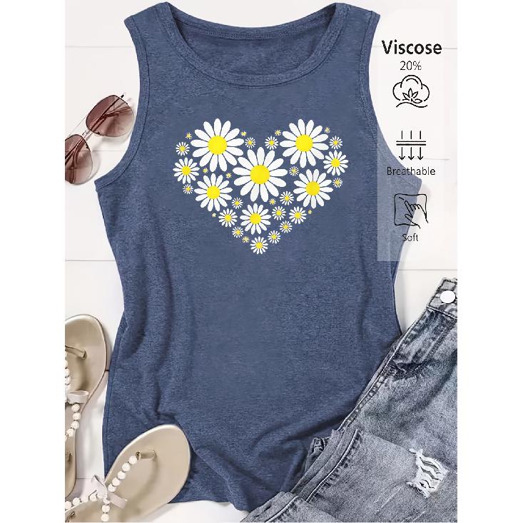 Elegant Vest for Women Daisy Heart Print Casual Loose Summer Vest Fashionable and Elegant Tops for Commuting, Vacation, and Everyday Wear, Available