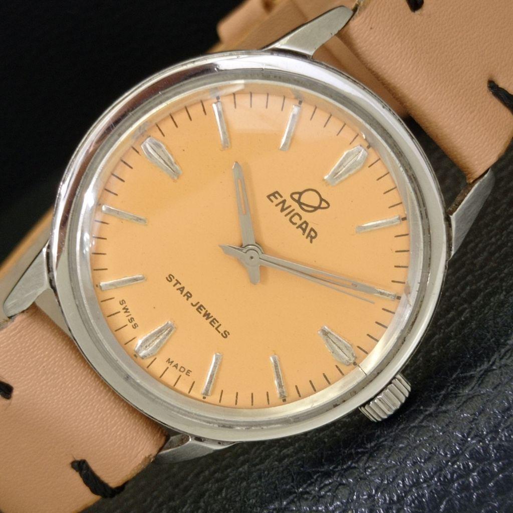 

ШВЕЙЦАРСКИЕ ВИНТАЖНЫЕ ЧАСЫ ENICAR STAR JEWELS С РУЧНЫМ ЗАВОДОМ, МУЖСКИЕ, С БЕЖЕВЫМ ЦИФЕРБЛАТОМ a700131-5 R201-a700131