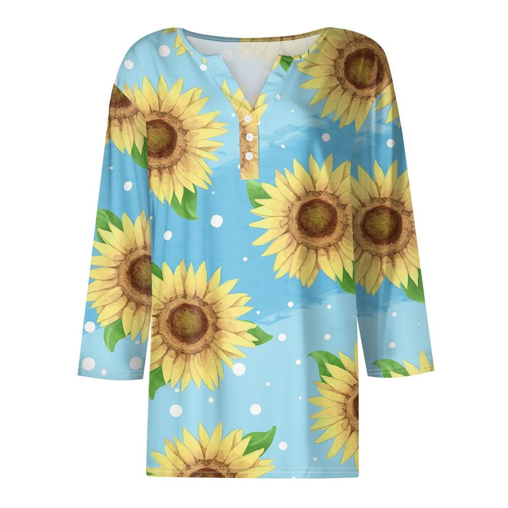 Women's T Shirt Tee Print Button 3/4 Sleeve Daily Weekend Fashion Basic V- Neck Regular Top