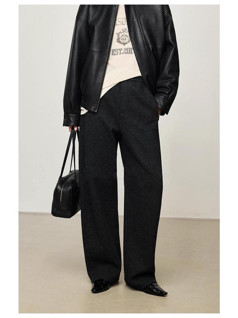 Women's Elegant Wool-Blend Dark Grey High-Waisted Loose Straight-Leg Trousers, 2025 Autumn/Winter Collection