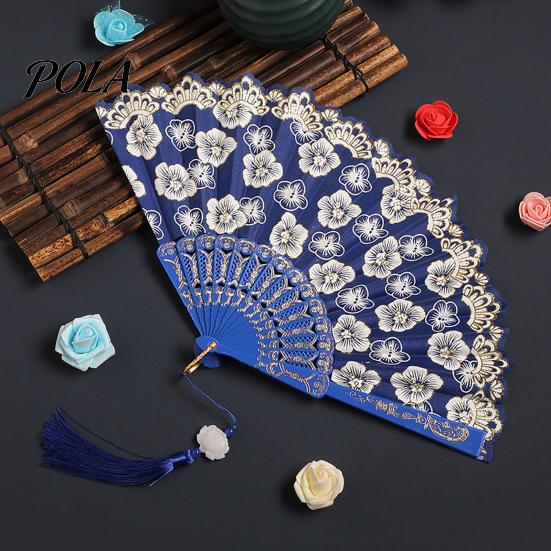 Flower Patterned Fan Retro Lace Folding Portable Lightweight Chinese Dance Handheld Cherry Blossom Compact Travel Pattern Elegant Women's with Tassel