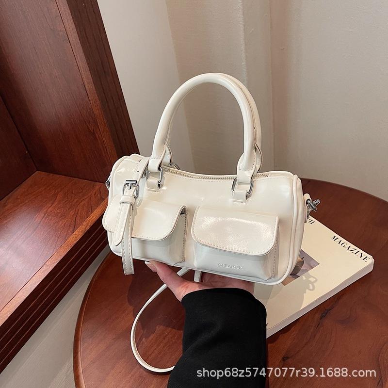 New women's bag fashion niche oil wax leather bowling bag multi-pocket underarm bag commuter tote bag shoulder bag