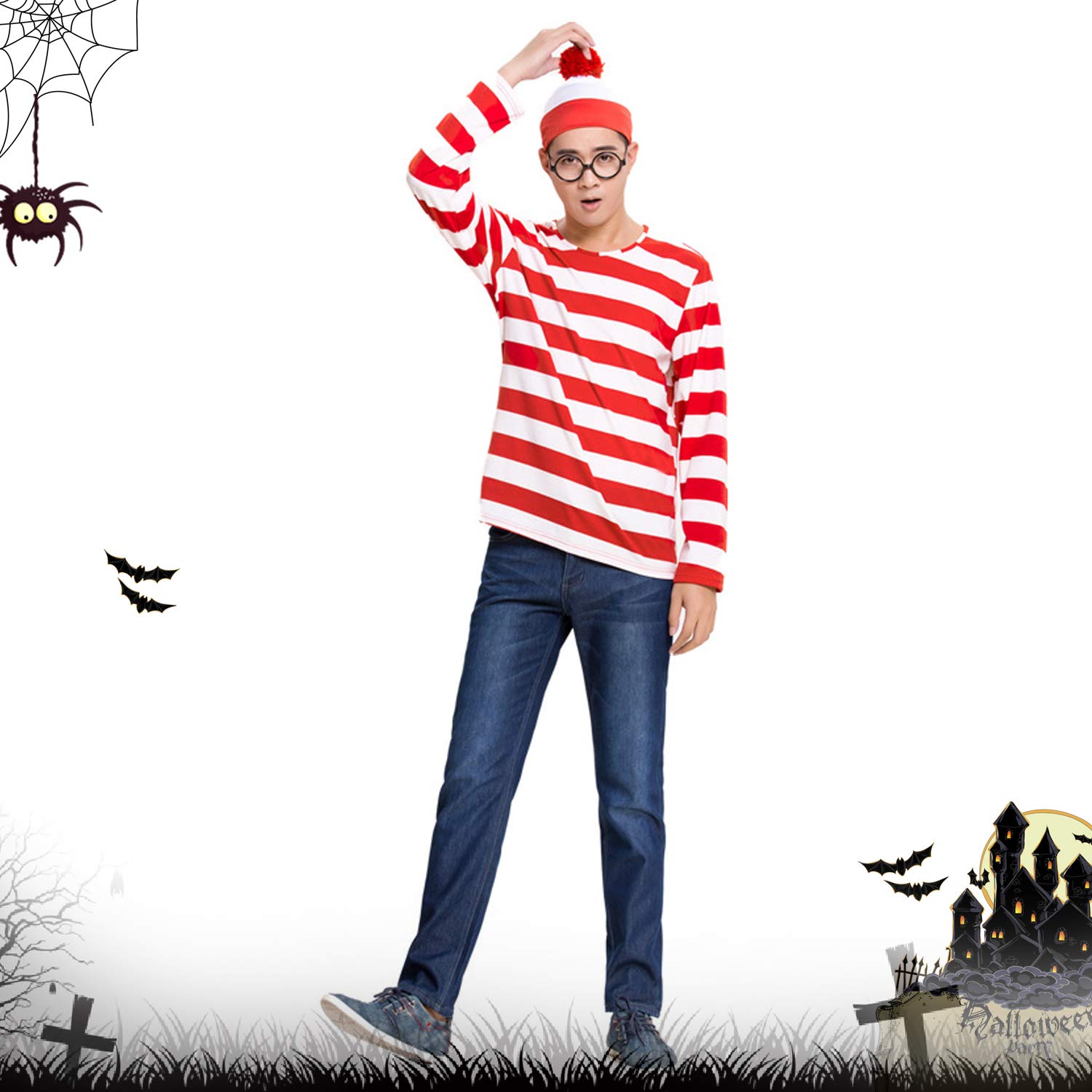 

[lidofigo] Wally Cosplay Costume, Where s Wally Halloween Costume, Wally-Style... (Size L, Men s)