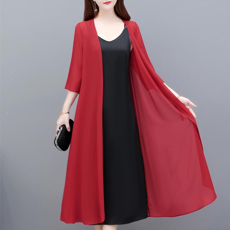 Manteau d'été en mousseline de soie pour femme, élégant, fin, décontracté, grande taille, Poncho Long d'été