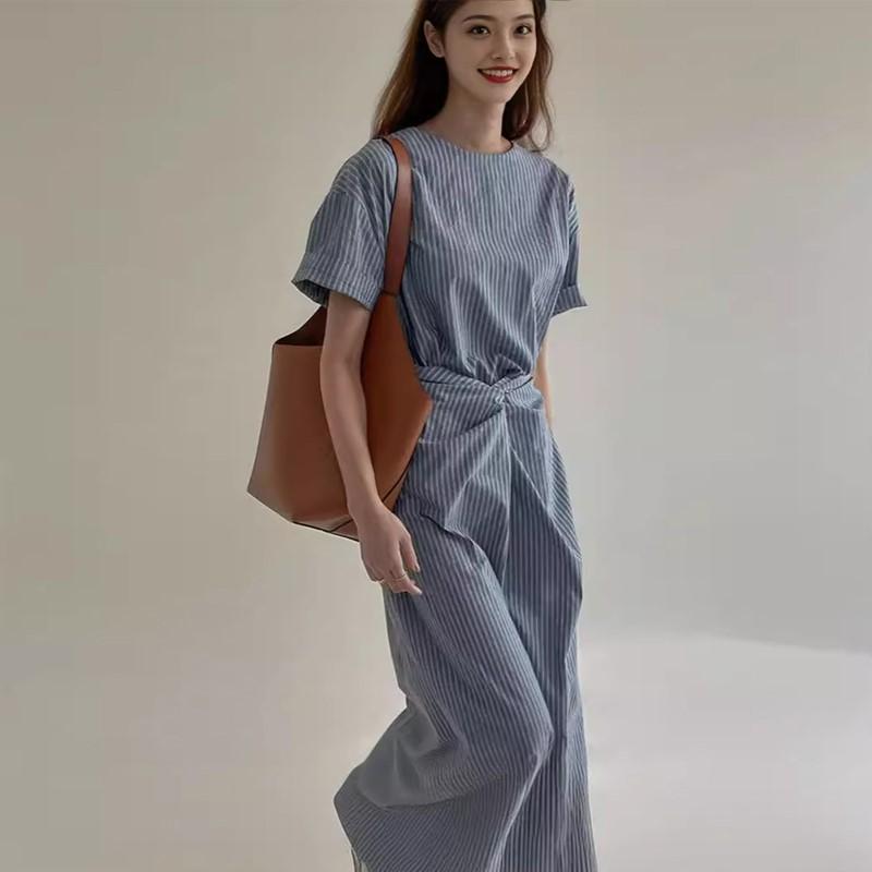 Johnature Korean Lazy Retro Striped Lace-up Waist Dresses Summer Women O-neck Short Sleeve Loose Casual Dresses