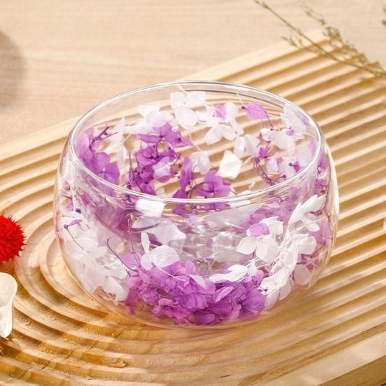 Doppelwandige Glasschale mit echten gepressten Blumen Hitzebeständig Kältebeständig Transparent Lebensmittelschale für Salat Dessert Servieren Niedliche Heimküchendekoration