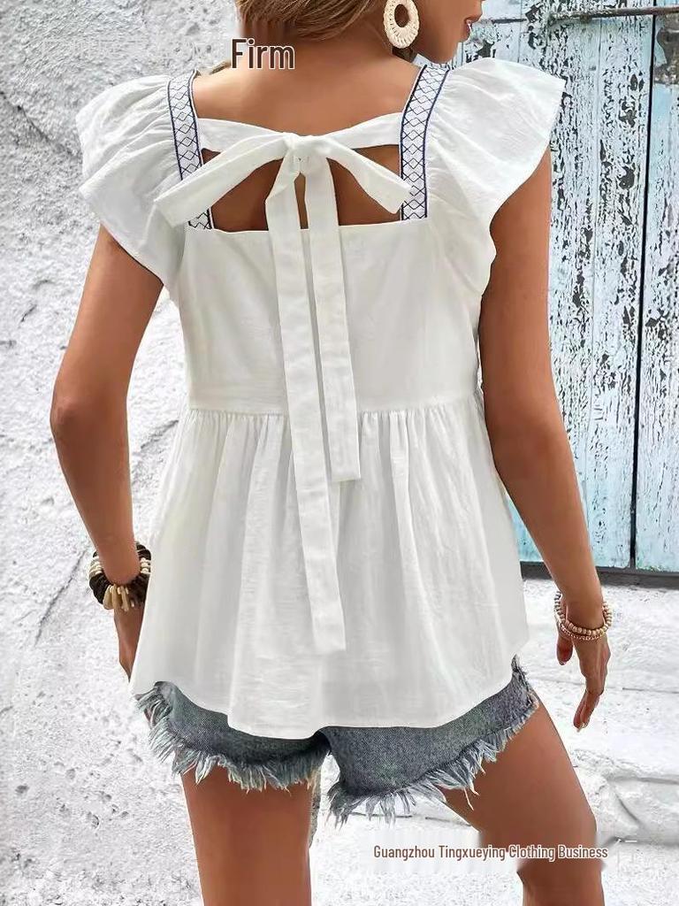 Women's Embroidered Lace-Up Square Neck Ruffle Top with Flutter Sleeves