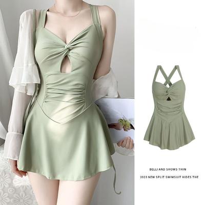 Traje de Baño Modesto de Moda para Mujer Sólido Protector Solar Espalda Cruzada Acolchado Nudo Calado Monokini Mangas Largas Cubre Traje de Baño Traje de Baño para Aguas Termales