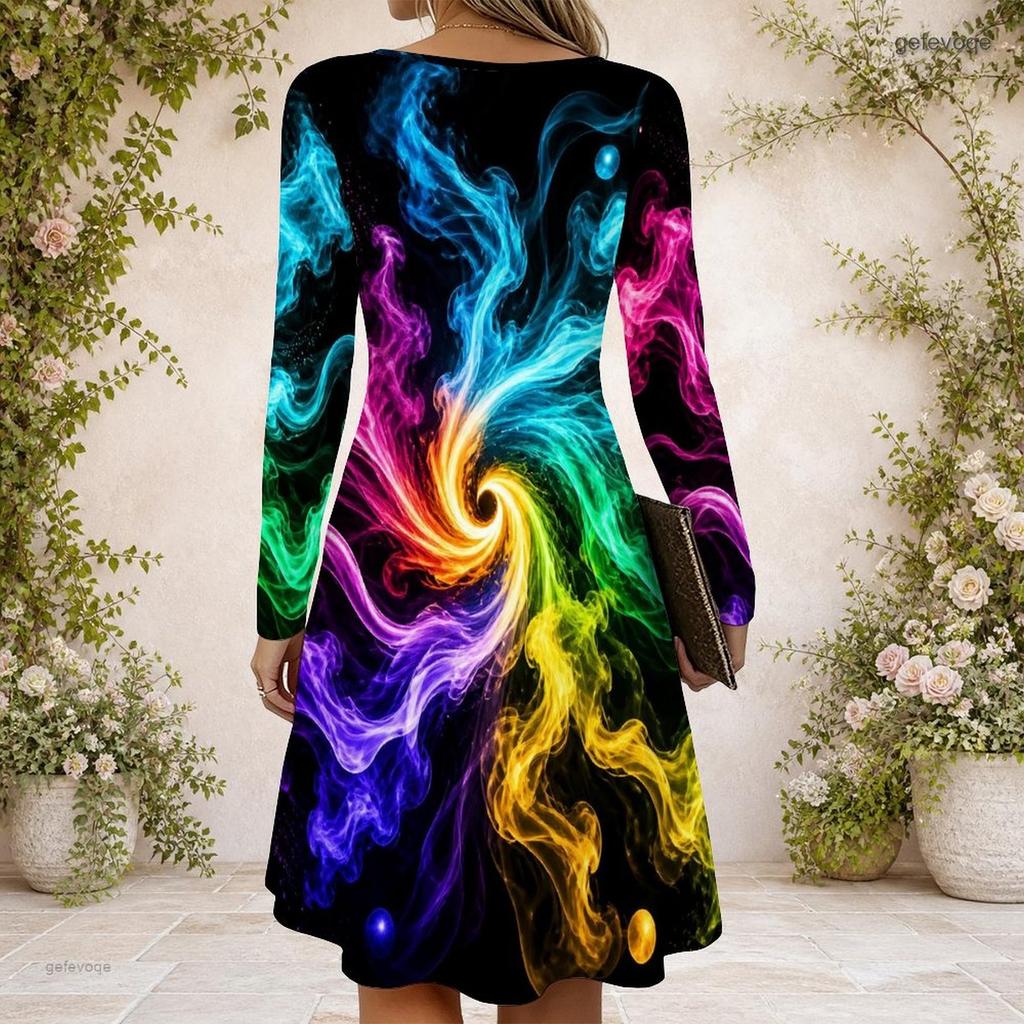 Women Criss Cross V Neck Long Sleeve Galaxy Nebula Printed Fitted Curved Hem Dress