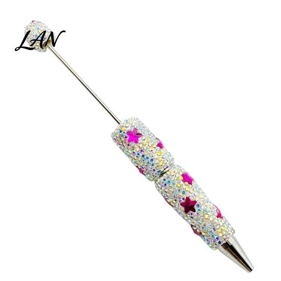 Shiny Rhinestone Pens Glitter Beadable Ballpoint Pen, Sparkly Star Moon Beaded Plastic Customizable DIY Handmade Gel Ink Pen for School Projects,