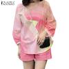 ZANZEA Women 3/4 Sleeve Print Blouse and Shorts Summer Two Piece Suit Sets