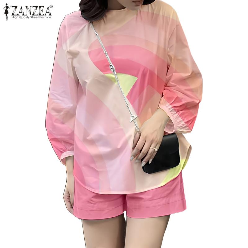 ZANZEA Women 3/4 Sleeve Print Blouse and Shorts Summer Two Piece Suit Sets