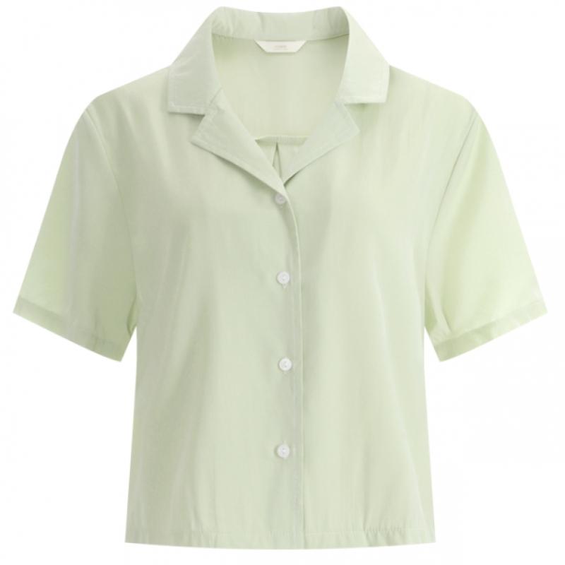 Shop   Women Collar Neck Semi Crop Plain Short Sleeve Blouse Shirt Ivory Ean Wsh