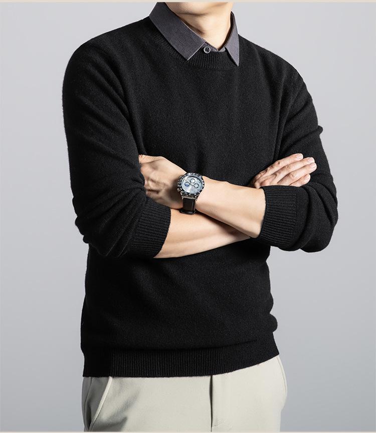 Męski gruby wełniany sweter z dekoltem w serek i klapami 2025 - Fason udający dwie części, dzianina biznesowa