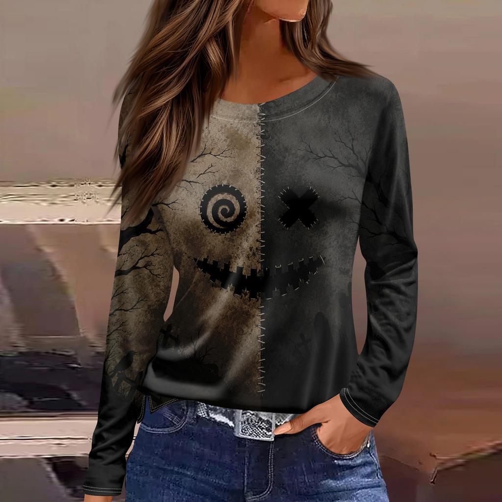 Women's Halloween Print Long Sleeve Top with Round Neck and Hem Slit for Casual Party Wear