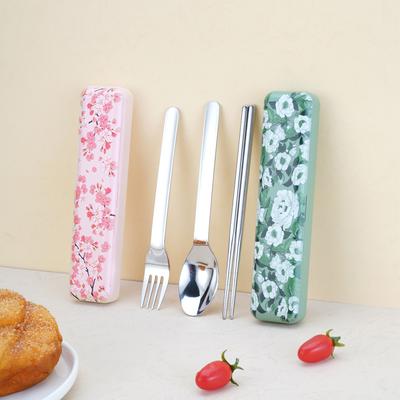 304 Stainless Steel Portable Cutlery Set Japanese Style Dinnerware Fork Spoon Chopsticks Set Magnetic Box With Cherry Pattern