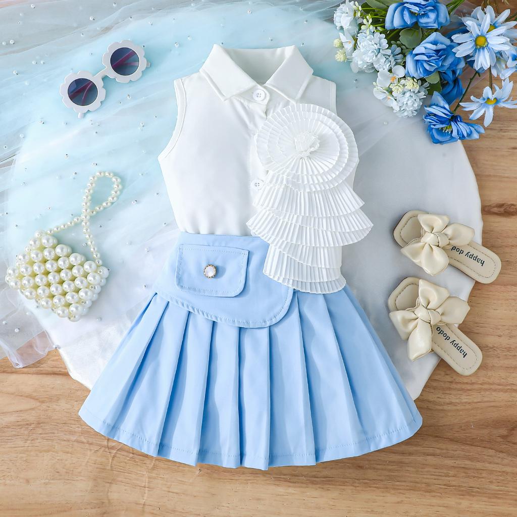 Baby Girls Sleeveless Collared Dress with Pleated Ruffle Accent, Stylish Party Outfit