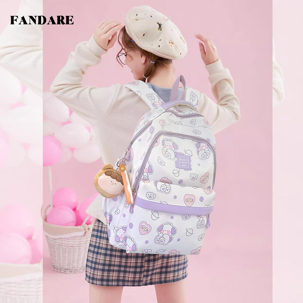 FANDARE Women's Cute School Backpack with Plush Toy, Large Capacity, A4 Size, 15.6-inch Laptop Storage, Lightweight, Popular, Waterproof, Perfect for