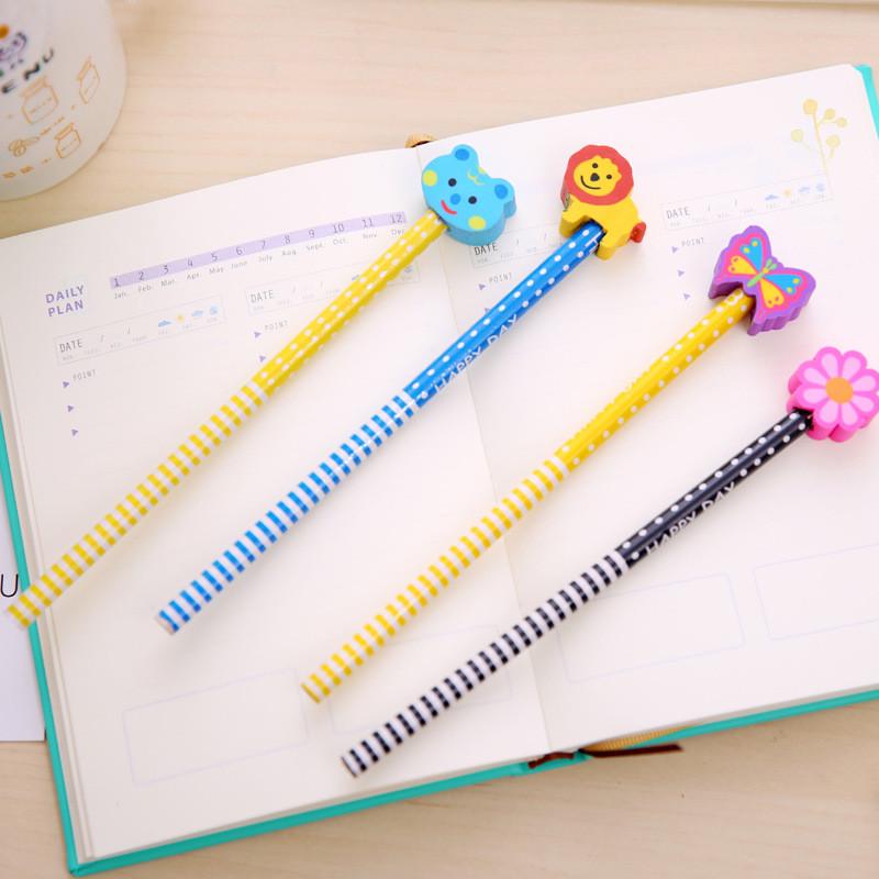 3/6/12PCS Cute Cartoon Animals Pencils with Eraser Creative Children Gift Stationery School Office Supplies