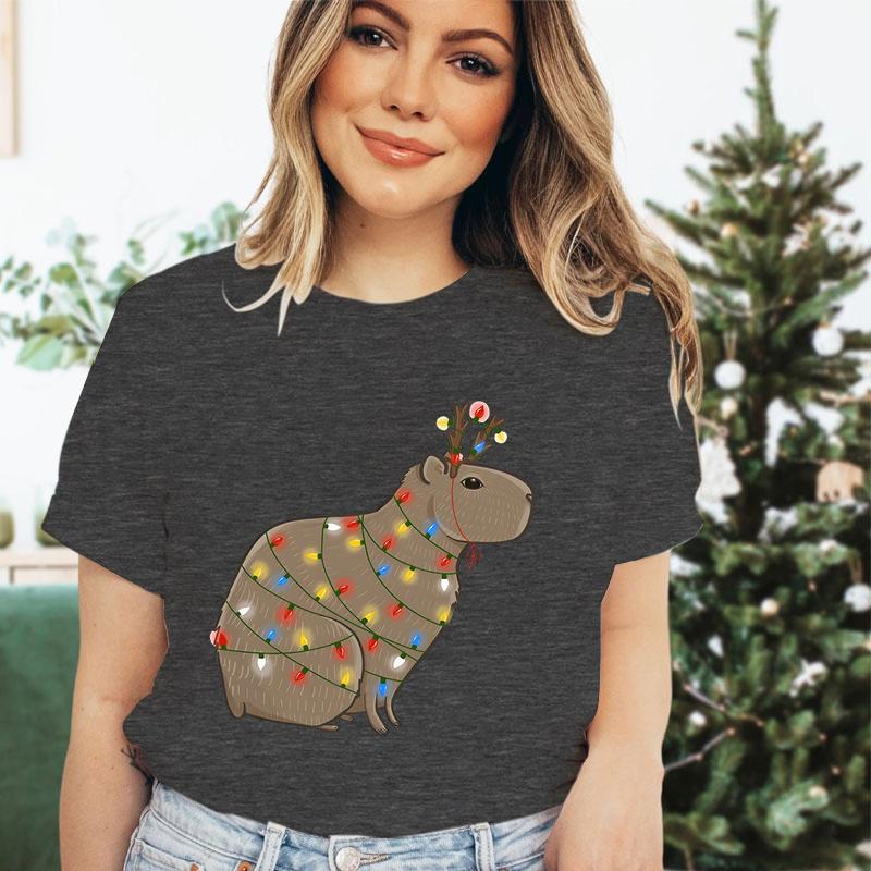 Womens Christmas Tshirt Funny Capybaras Lights Design Festive Crew Neck Girls Clothing Merry Christmas Capybara Cartoon Tshirt
