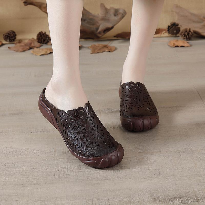 Summer new first-layer cowhide flat-bottom beef tendon sole women's shoes casual leather hollowed-out breathable slippers hole shoes