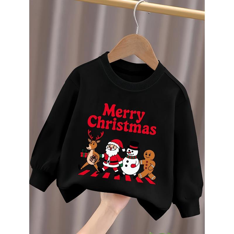 Kids Crewneck Sweatshirt, Christmas Print with Santa, Reindeer, Snowman & Gingerbread Man, Spring Autumn Casual Tops