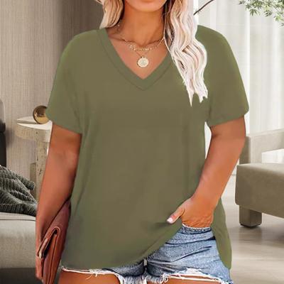 Women T-shirt V-neck Short Sleeve Loose Fit Tee Shirt Solid Color Casual