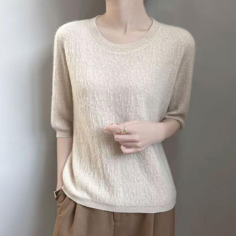 

Женский ажурный вязаный свитер свободного кроя с круглым вырезом и рукавами средней длины, тонкий вязаный свитер 3XL