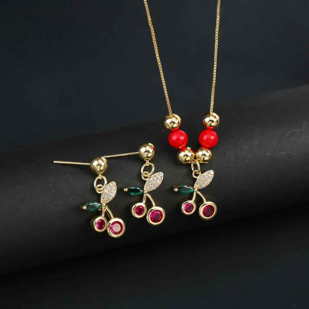 2pcs 22 Style Fashion Fruit Cherry Zircon Crystal Jewelry Set Earrings Necklace  For Women Female New Trend Party Jewelry Gift