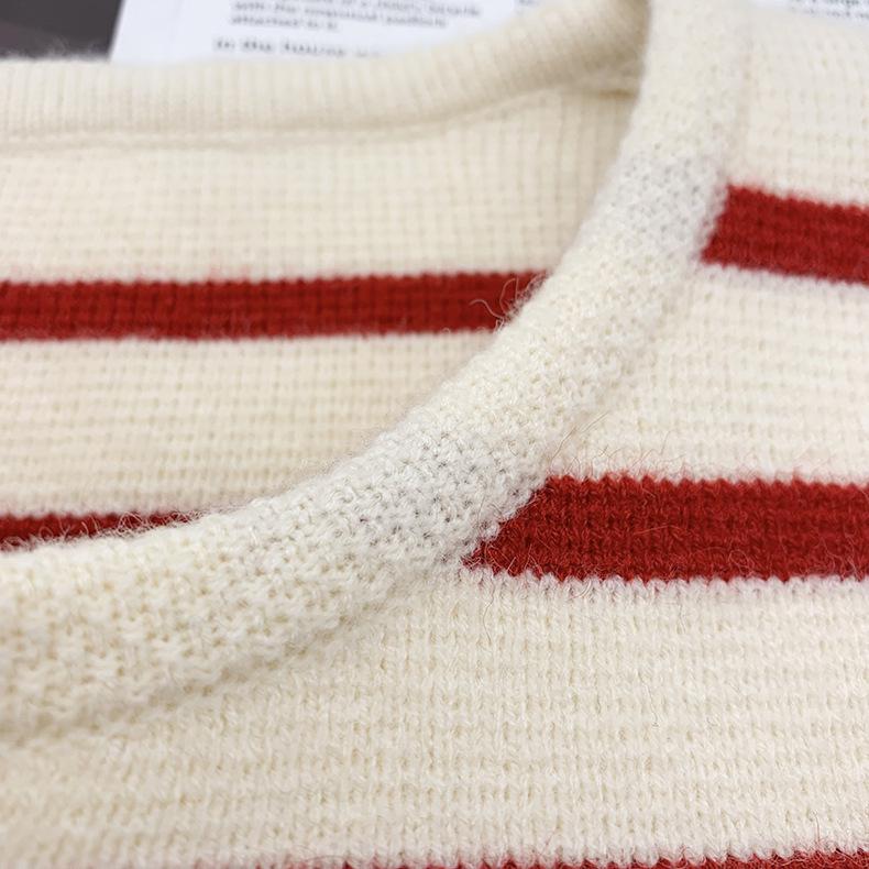 Women's Autumn Striped Knit Cardigan - French Style, Color Block, Loose Fit, Round Neck, Short Length, Long Sleeve Sweater Coat.