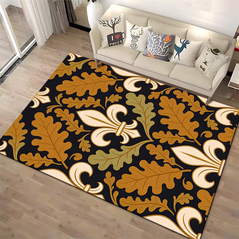 Fleur-de-Lis and Autumn Leaves Printed Carpet, Black and Orange Design Suitable for use as an anti-slip for living room bedroom sofas